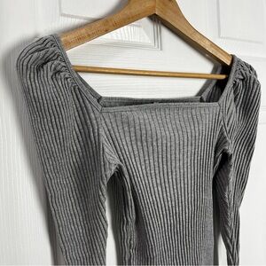 Square Neck Gray Ribbed Long Sleeve Top